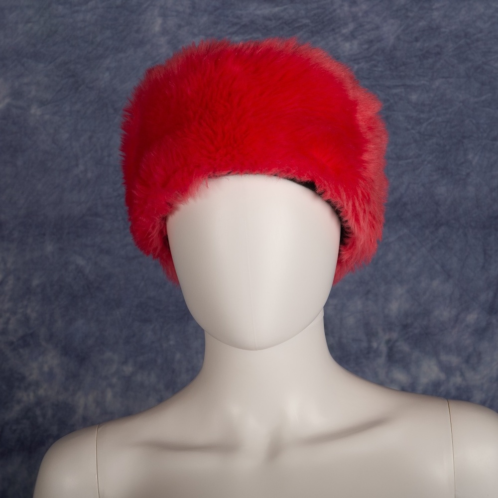 Vintage Red Faux Fur Pom Hat - Women's Accessory